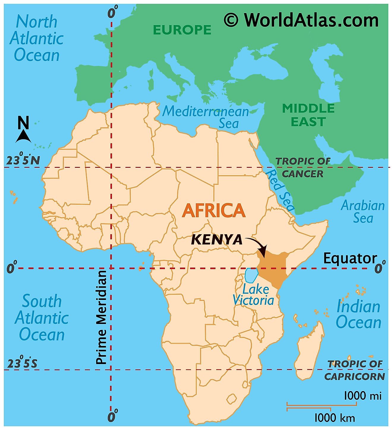 Map showing location of Kenya in the world.