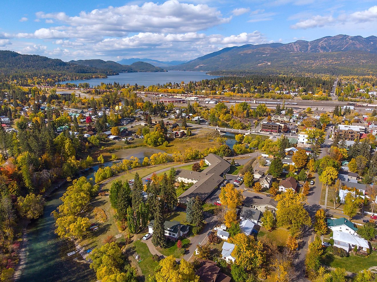 Aerial view of the beautiful town of Whitefish, Montana.