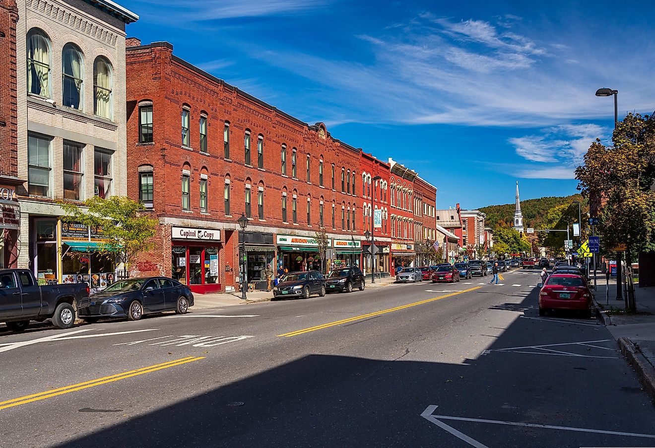 Main street of Montpelier in Vermont in the fall 