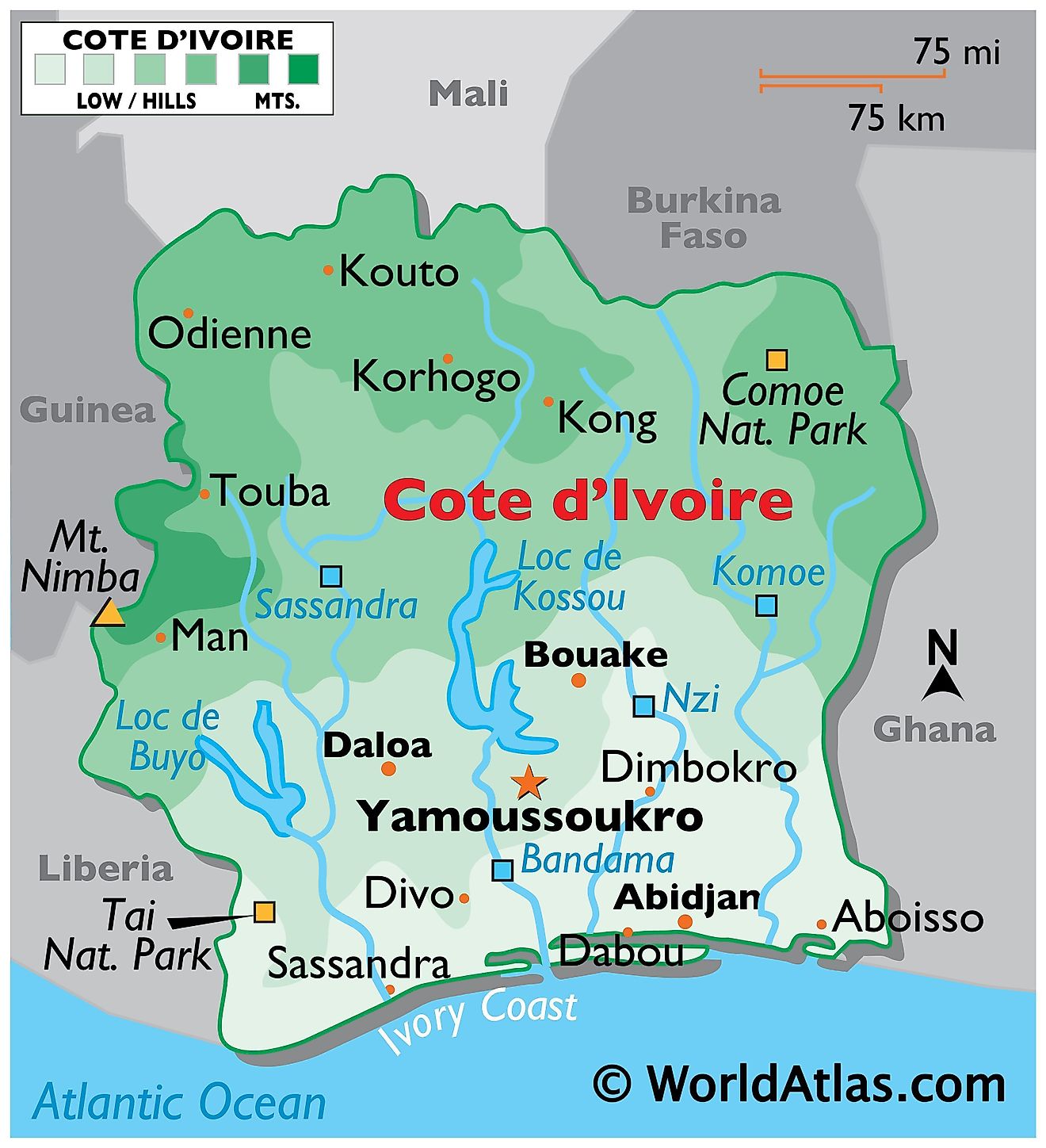 Physical Map of the Ivory Coast showing state boundaries, relief, major rivers, lakes, national parks, highest mountain, and important cities.