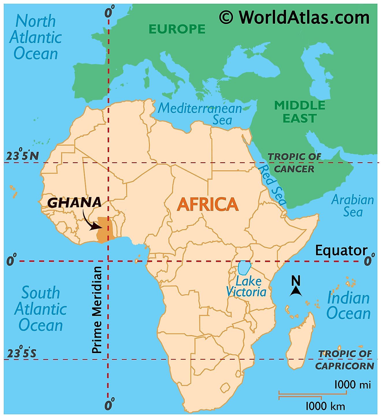 Map showing location of Ghana in the world.