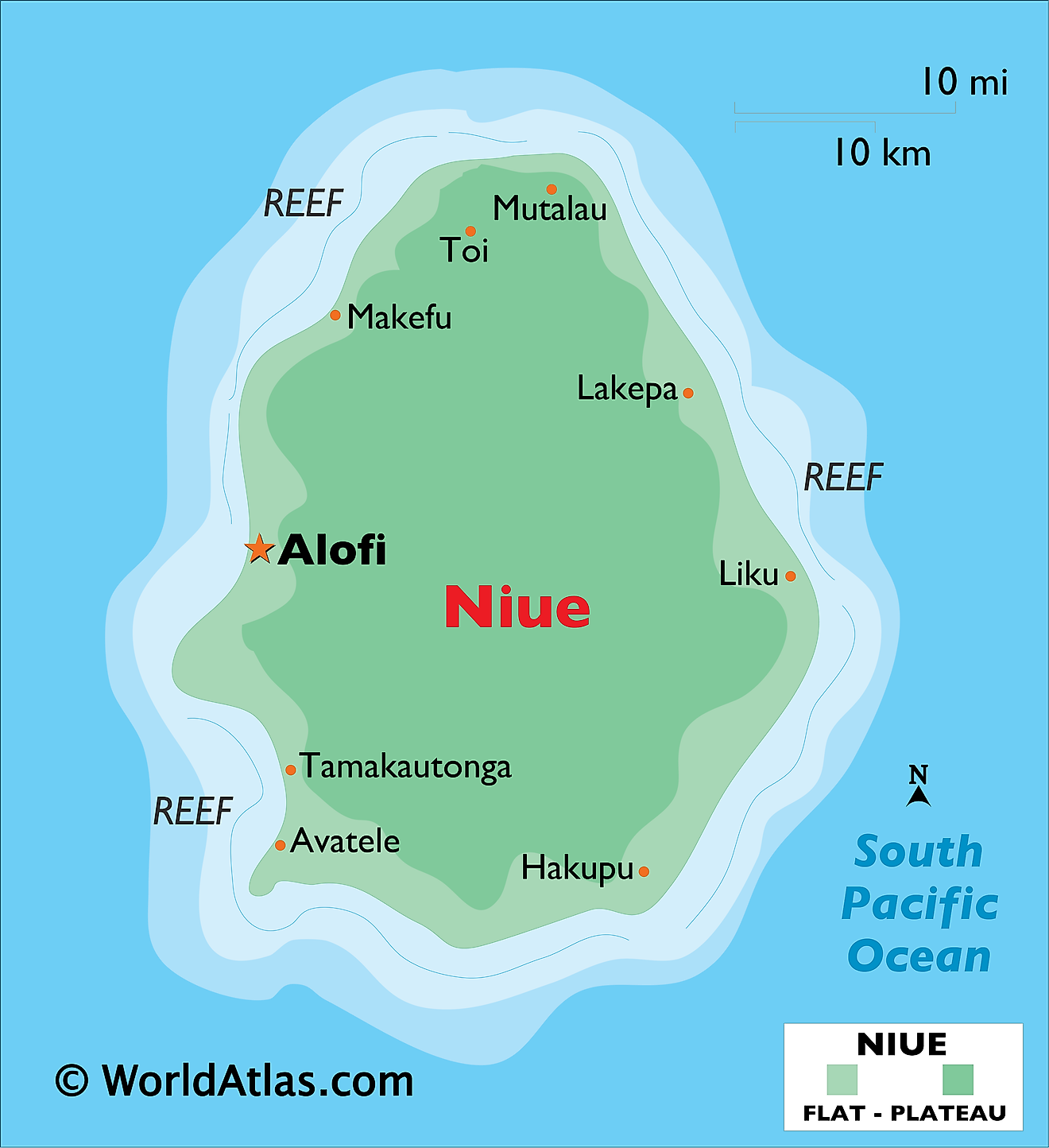 Physical Map of Niue showing relief, important settlements, etc.
