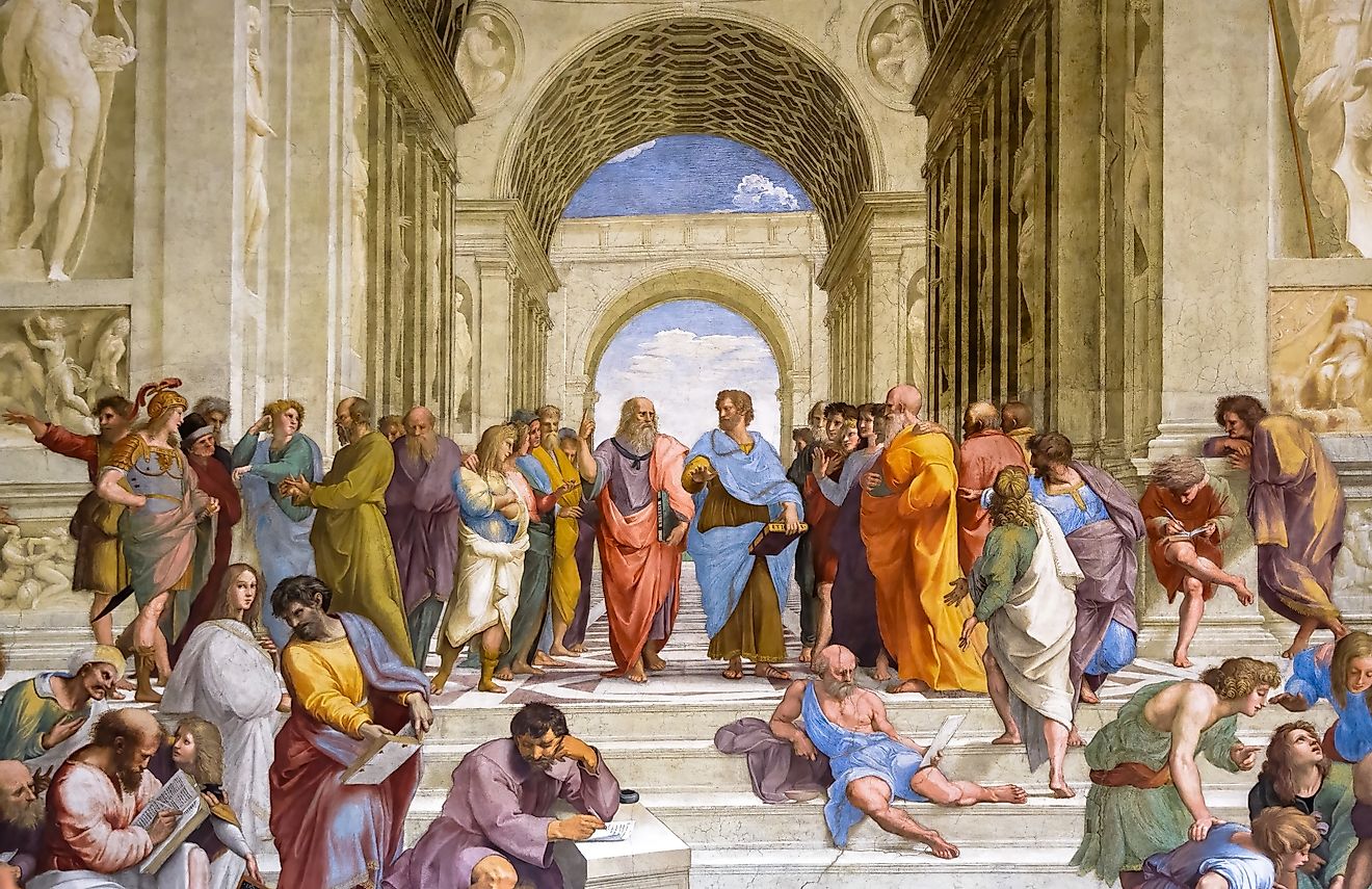 Painting by Raphael in Vatican Museum, Italy. Famous wall fresco School of Athens, philosophers Aristotle and Plato in center. 