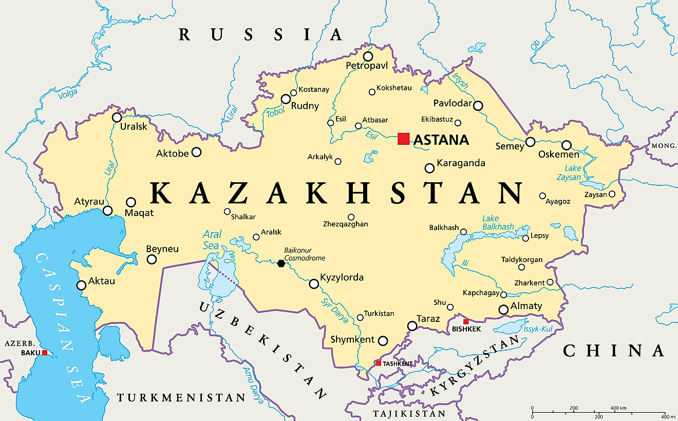 Map of Kazakhstan with bordering countries.