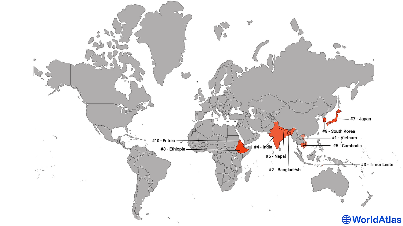 Map showing the world's 10 thinnest nations.
