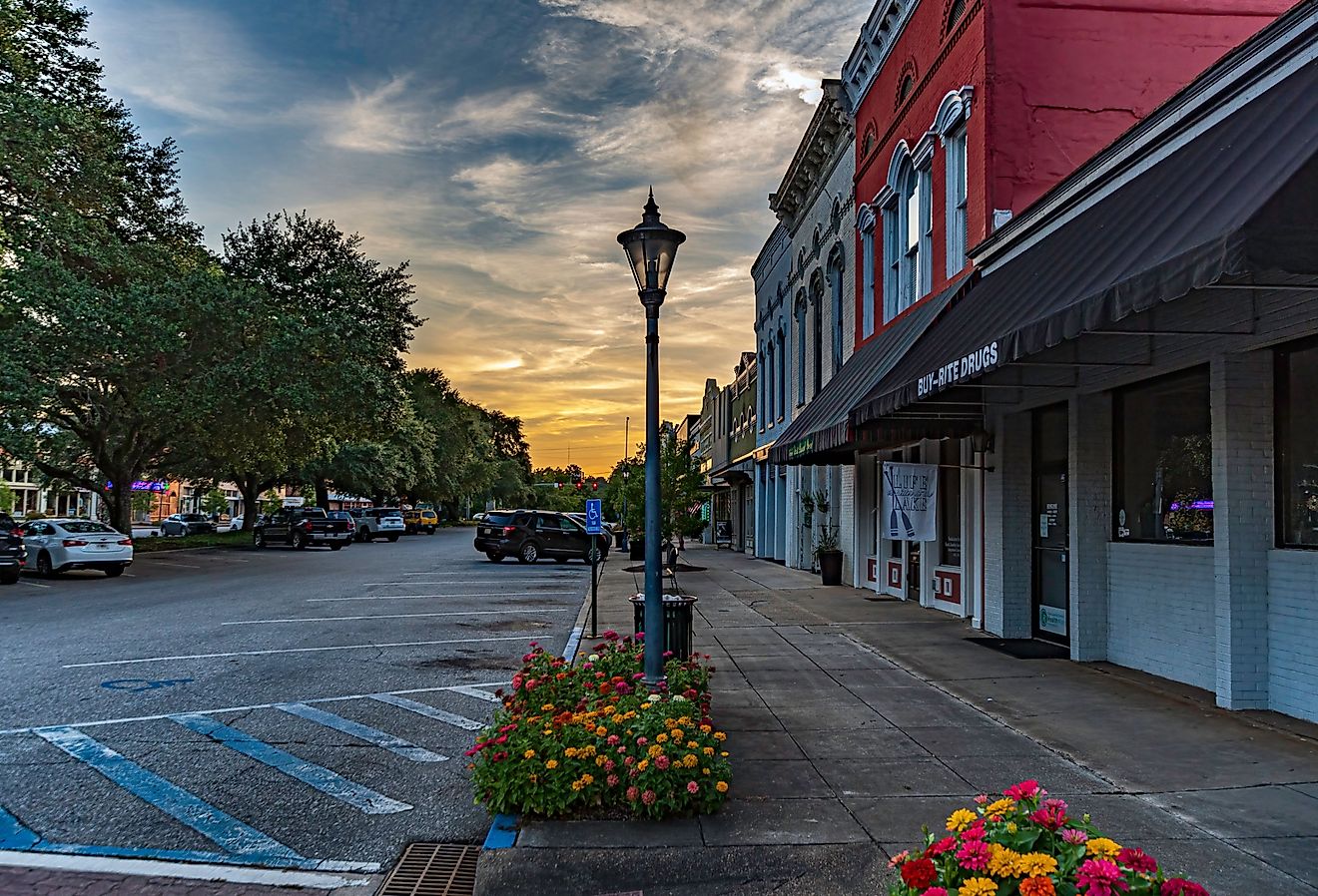 Scenic view of historic downtown Eufaula, Alabama at sunset. Image credit JNix via Shutterstock