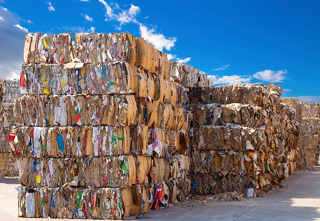 Stacks of paper at a recycling plant. 