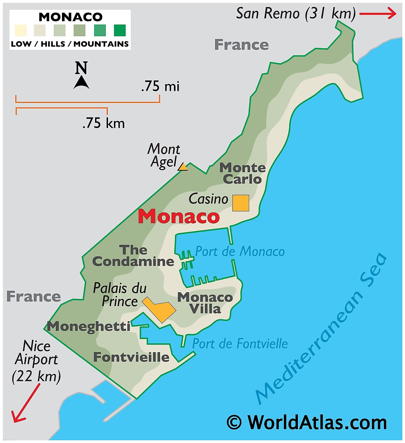 Physical Map Monaco showing relief, coast, ports, important urban centres, the highest point of Mont Agel, and the Casino.