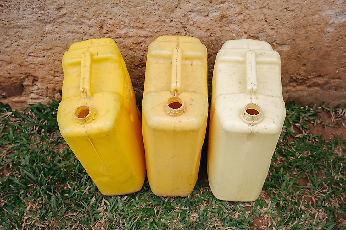 Jerry cans intended to carry water to residents affected by drought in Uganda. 