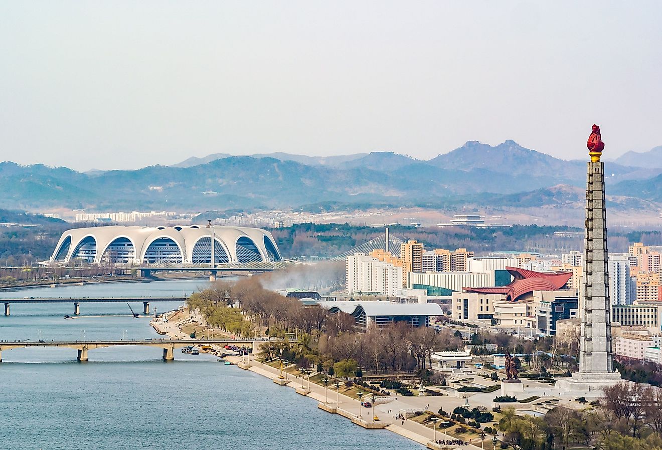 Pyongyang, North Korean capital skyline with Rungrado 1st of May Stadium. Image credit Herr Loeffler via Shutterstock