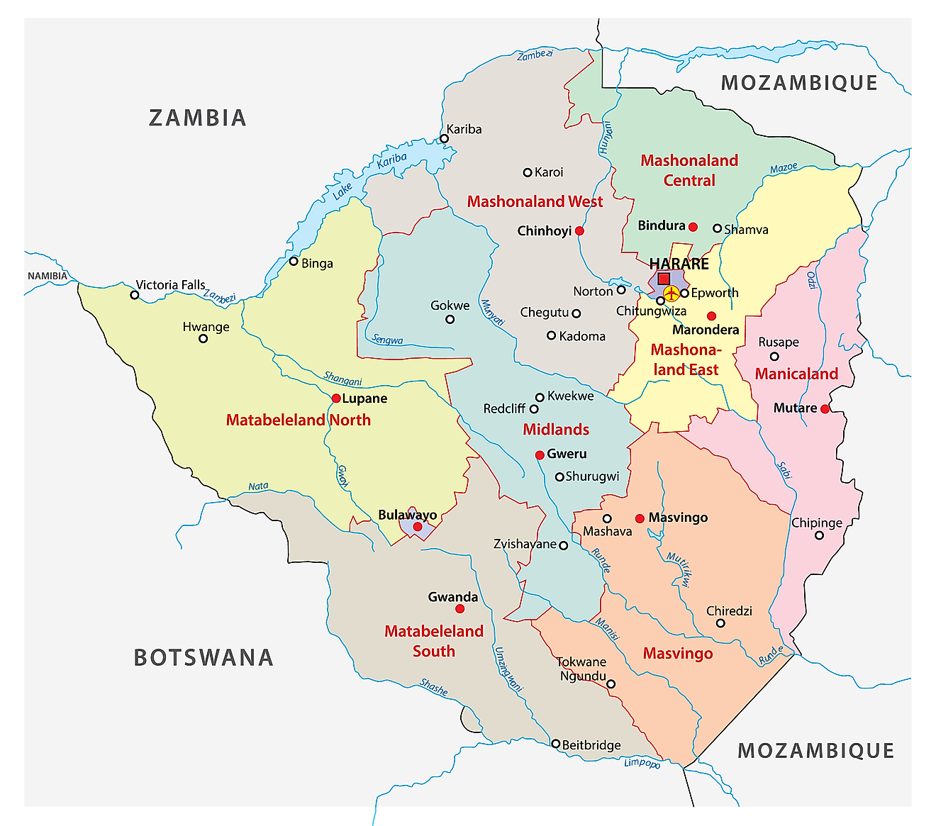 The political map of Zimbabwe displaying its 8 provinces with their capitals and 2 cities with provincial status. 