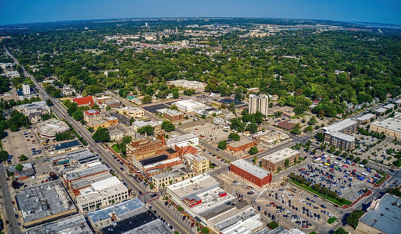 Aerial View of the College Town of Manhattan, Kansas in Summer.