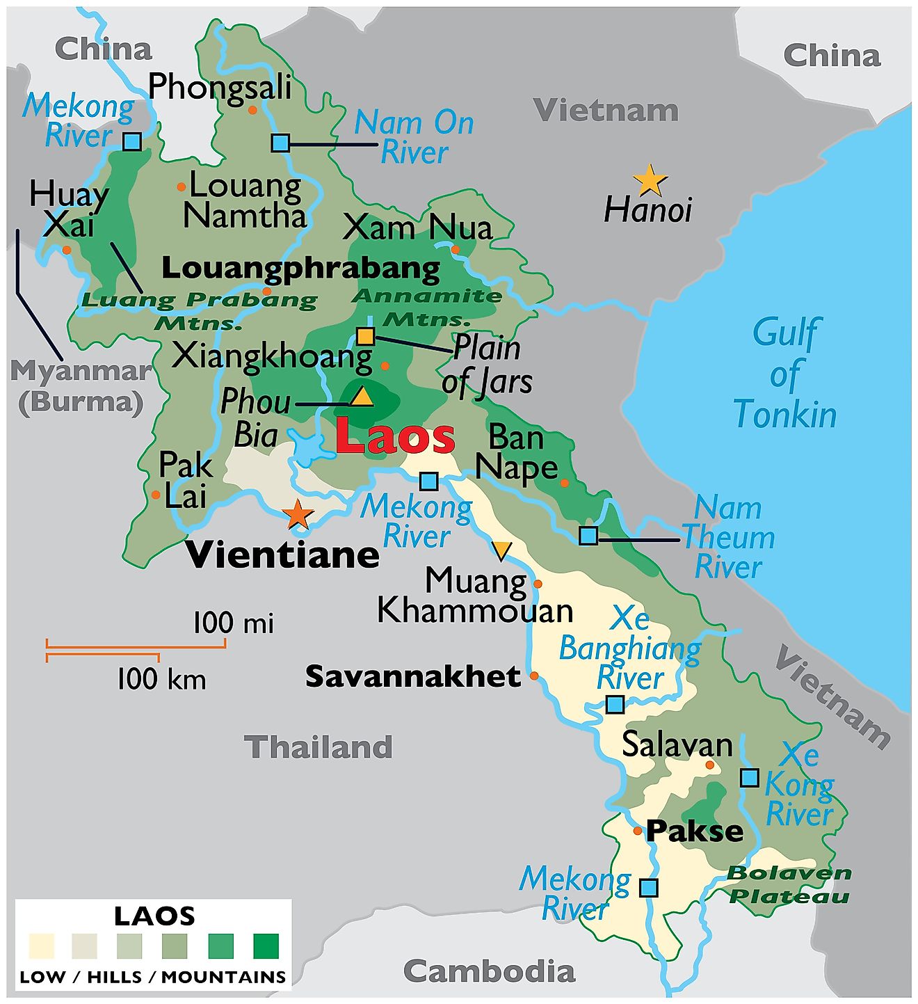 Physical Map of Laos showing international boundaries, relief, highest point, important cities, important rivers, etc.