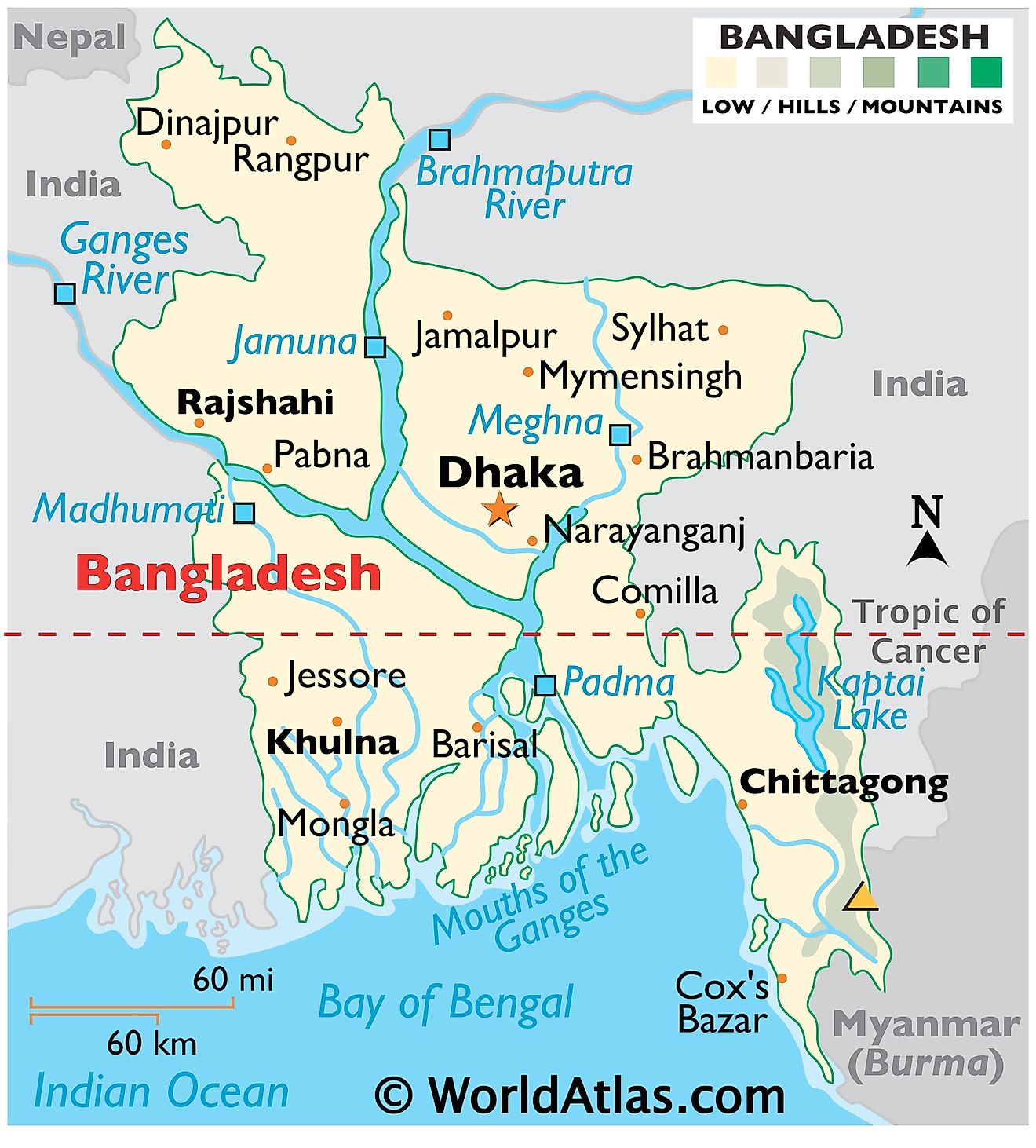 Physical Map of Bangladesh showing international boundaries, relief, highest point, important cities, major rivers, lakes, and more.