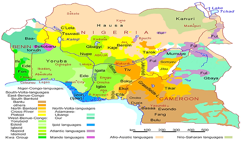Map of languages of Nigeria, Cameroon, and Benin, showing subgrooups of the systematics of the Niger-Congo-family.