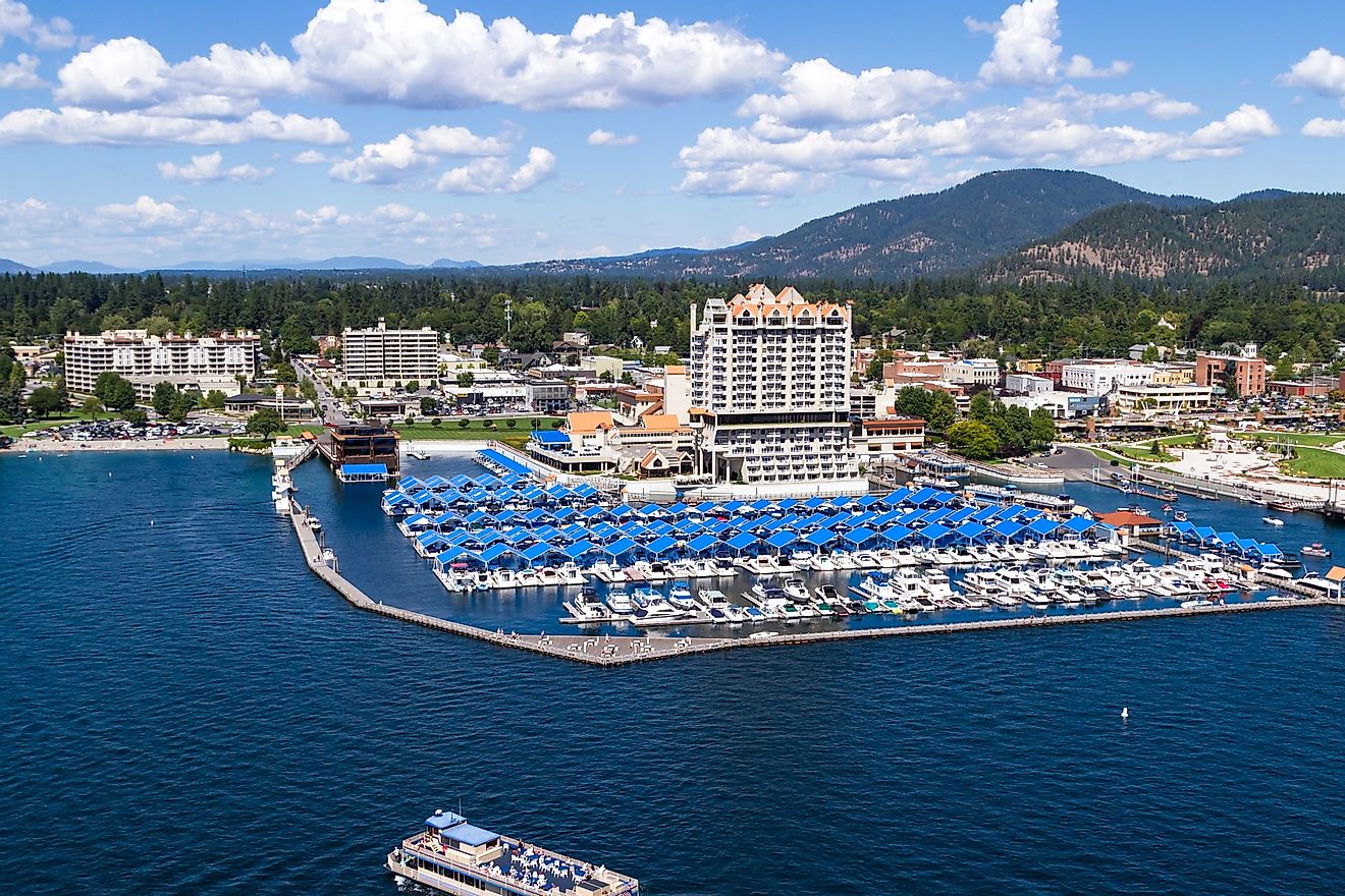 Aerial view of the Coeur d'Alene resort and marina in Coeur d'Alene, Idaho. Editorial credit: Nature's Charm / Shutterstock.com