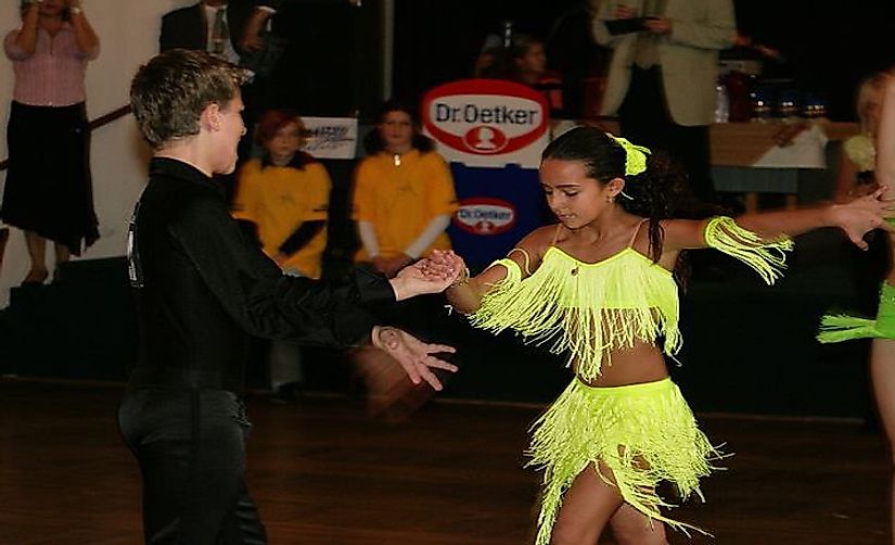 A Cha-cha dancing pair at a junior ballroom dance competition in Tuchlovice, Czech Republic.