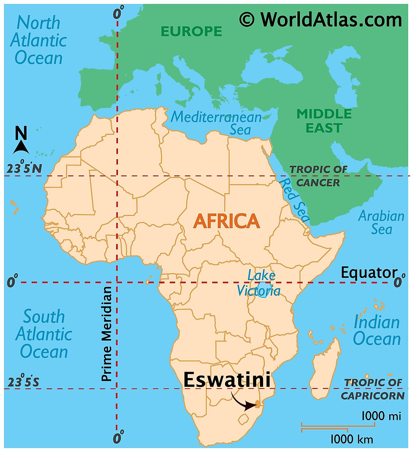 Map showing location of Eswatini in the world.