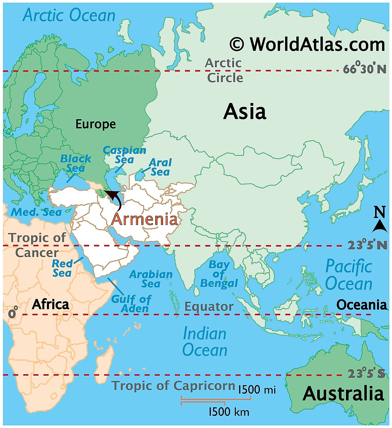 Map showing location of Armenia in the world.