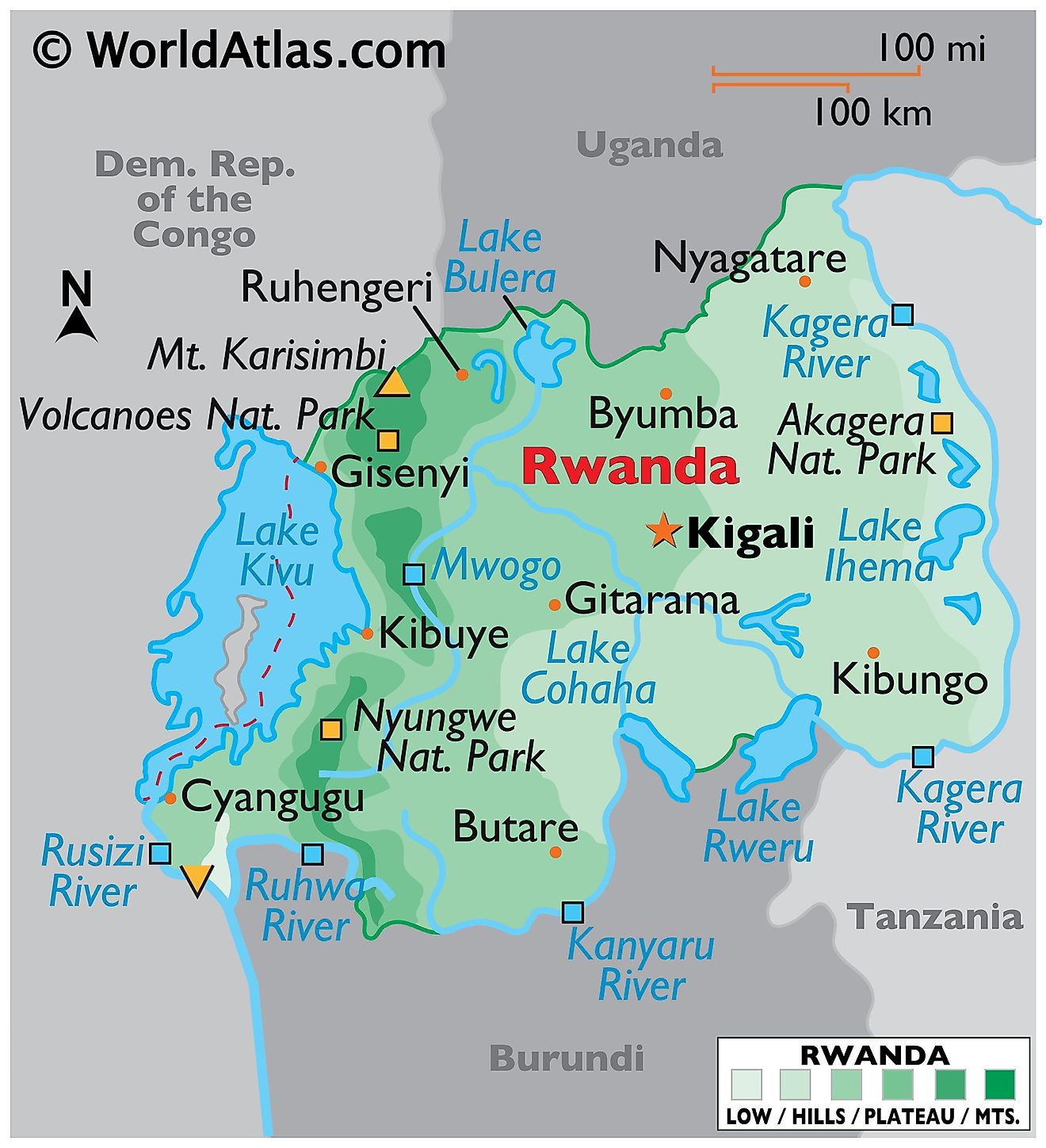 Physical Map of Rwanda with state boundaries. It shows the physical features of Rwanda including terrain, major rivers, mountains, lakes, cities, and protected areas.