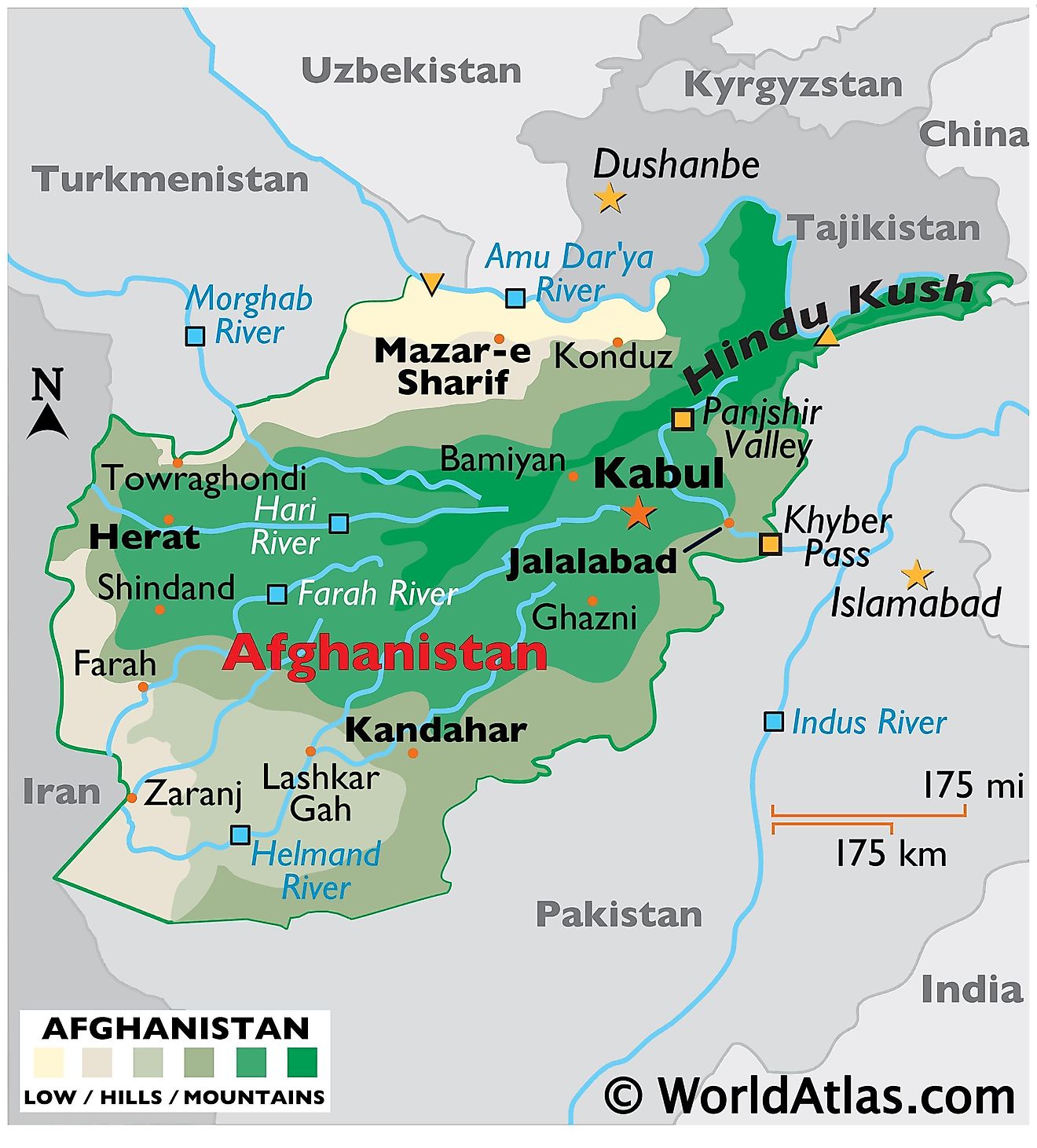 Physical Map of Afghanistan showing state boundaries, relief, major rivers, mountains, important cities, and more.