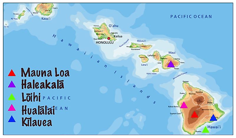 A map showing the five active volcanoes in Hawaii. 