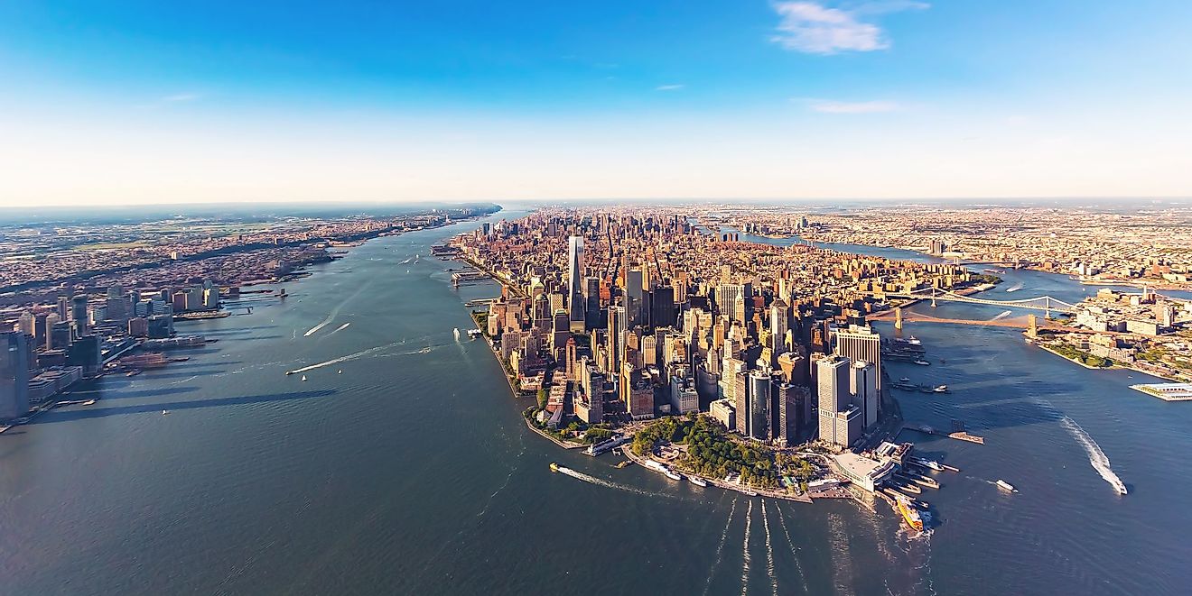Aerial view of Lower Manhattan , New York City and the Hudson River. 