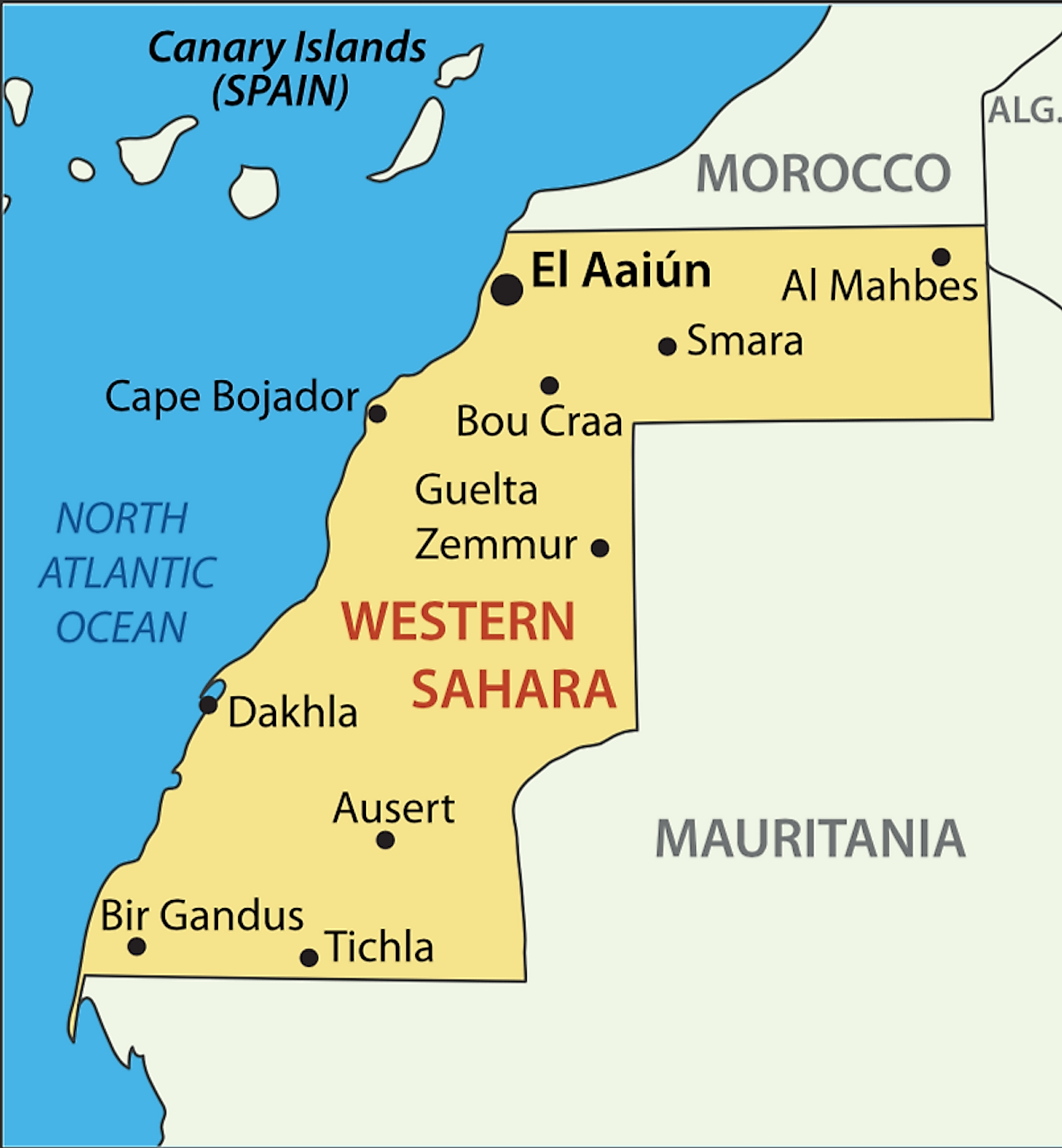 Political Map of Western Sahara showing major cities including the largest city of Laayoune or El Aaiún. It is a disputed territory with no official administrative divisions of its own.