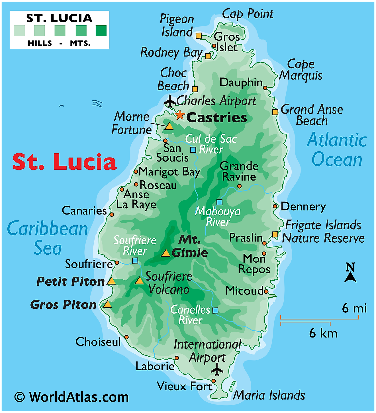 Physical Map of Saint Lucia showing relief, islands, mountains, smaller islands, volcanoes, rivers, and more.