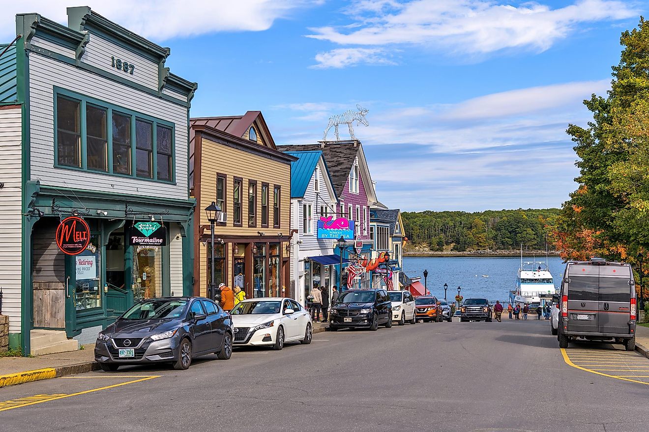 Bar Harbor, Maine, USA - October 2, 2021: A sunny Autumn morning view of the historic Main street of the resort town on Mount Desert Island at shore of Frenchman Bay.