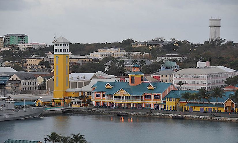 A view of the colorful cruise ship terminal in Nassau, Bahamas.