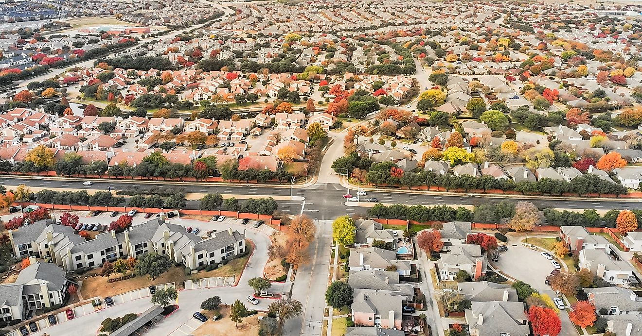 Panorama aerial view of planned unit development in the Dallas, Texas suburb of Irving, Texas