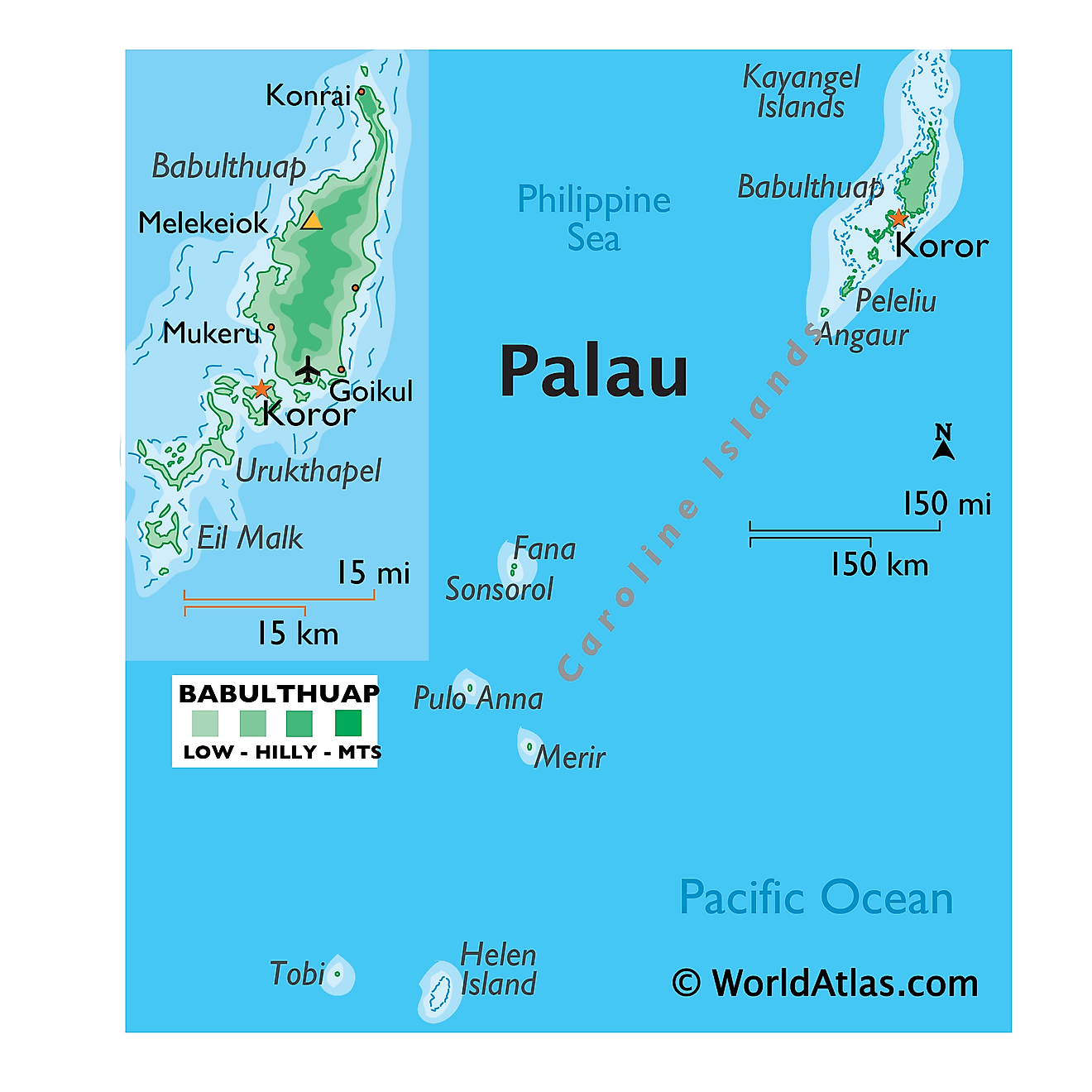 Physical Map of Palau showing its relief, islands, location, nearby islands, highest point, and more.