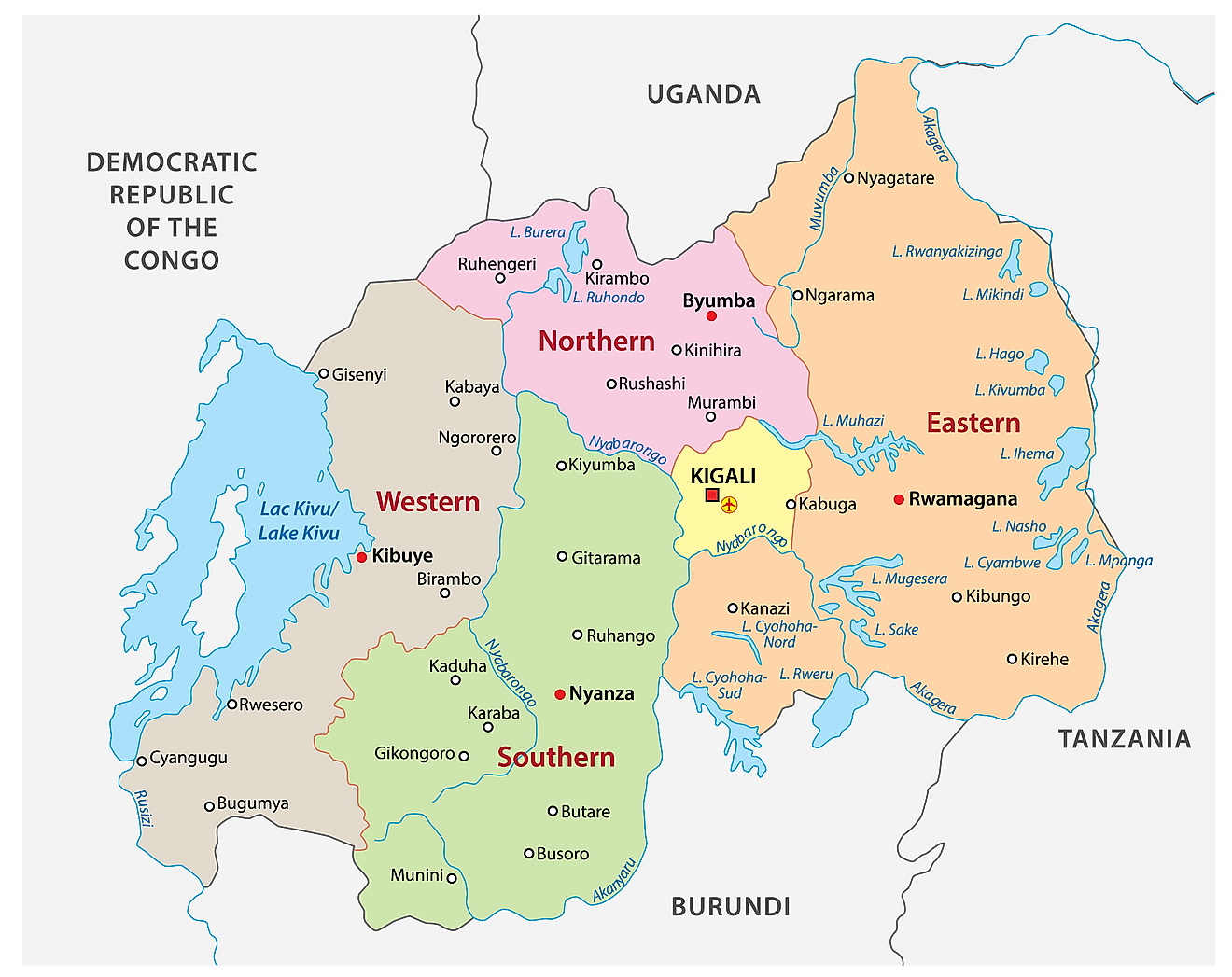 Political Map of Rwanda displaying its five provinces, their capital cities, and the national capital of Kigali City.