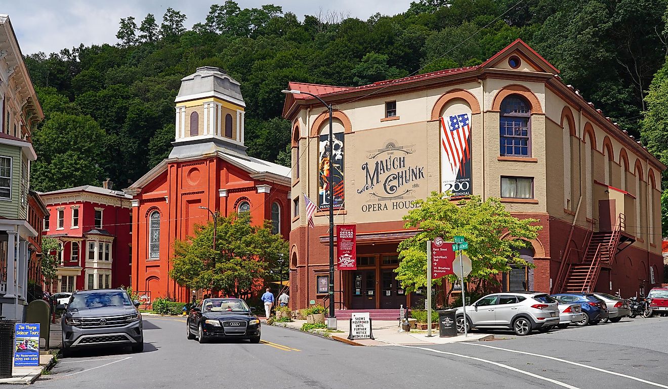 View of the landmark Mauch Chunk Opera House in the historic town of Jim Thorpe. Editorial credit: EQRoy / Shutterstock.com