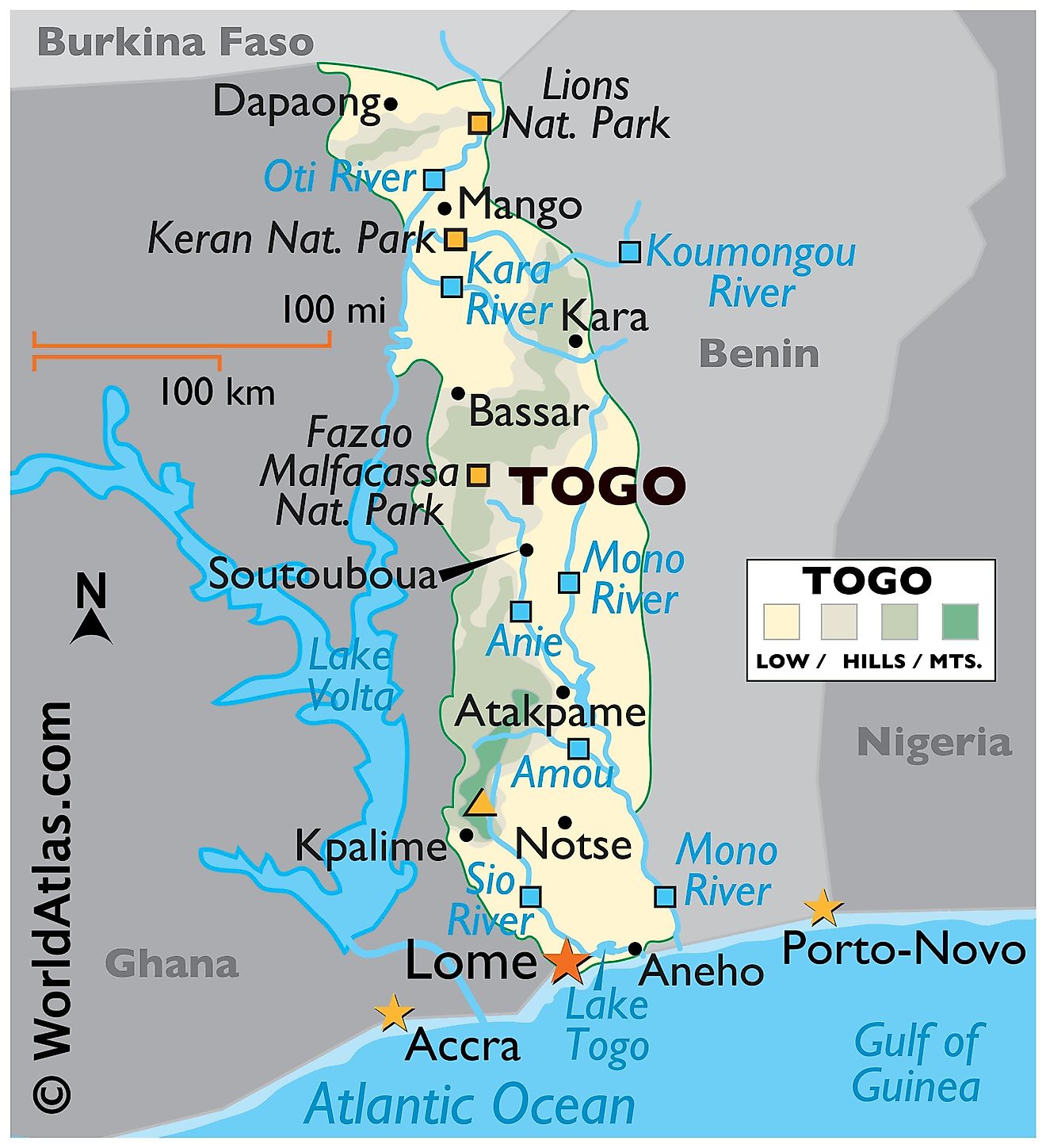 Phyiscal Map of Togo with state boundaries. It shows the physical features of Togo including terrain, mountains, rivers, and major lakes.