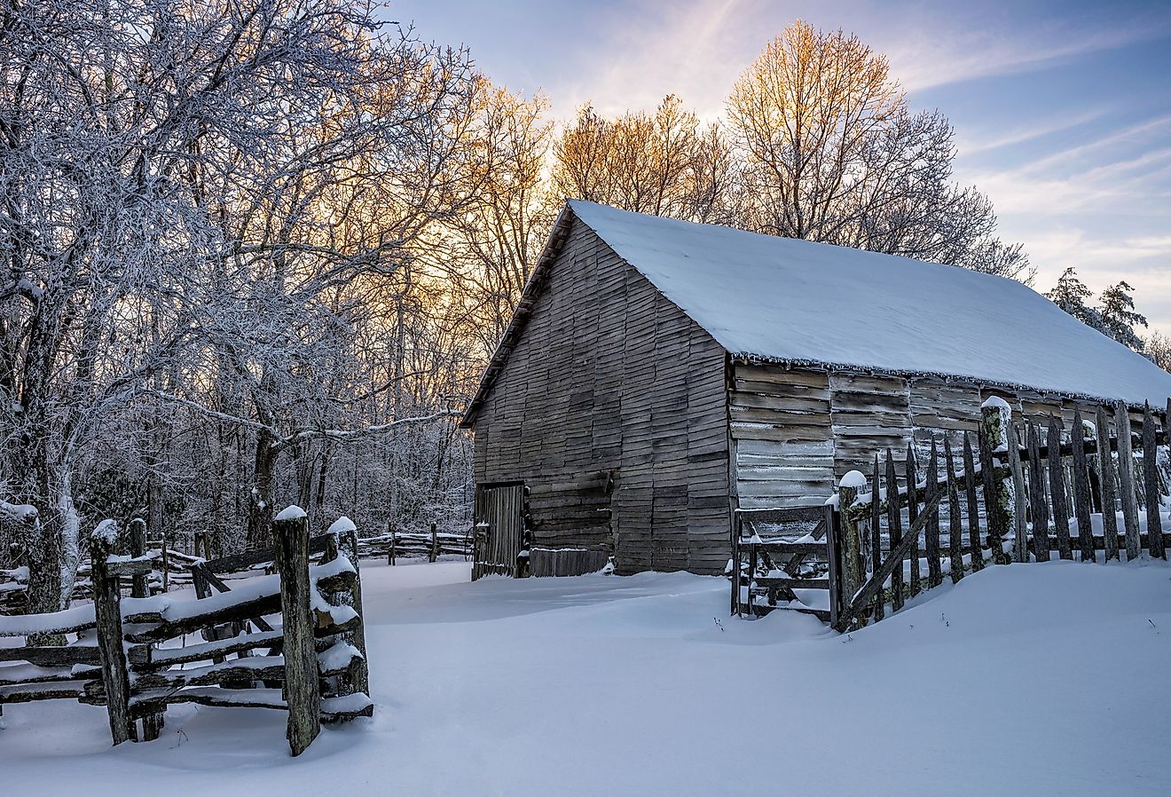 Old barn and fresh snow at the Cumberland Gap National Park, Kentucky.