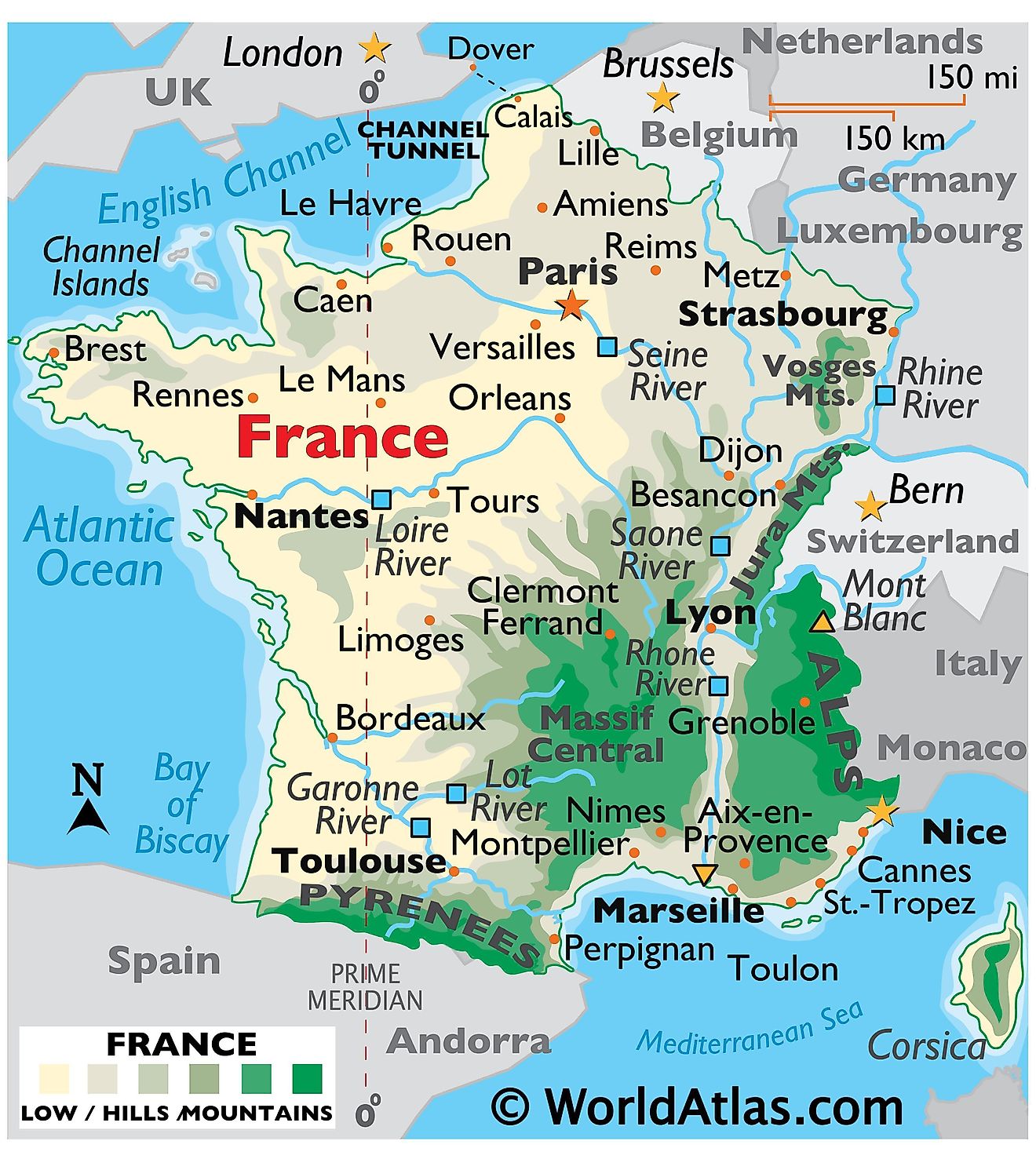Physical Map of the France showing terrain, mountain ranges, Mont Blanc, major rivers, important cities, international boundaries, etc.