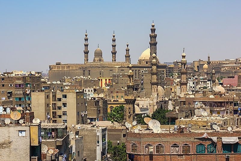 Ancient minarets contrasts modern satellite television dishes in Cairo, Egypt, the largest city in the Middle East.