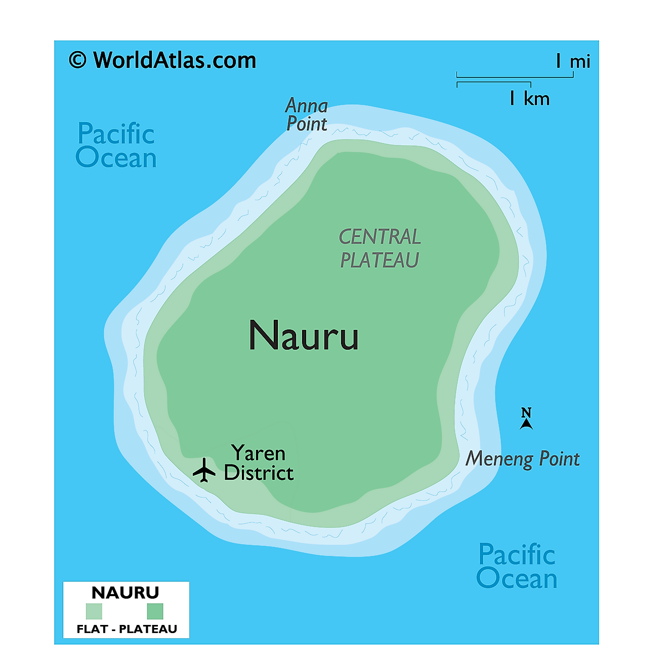 Physical Map of Nauru showing its relief, Central Plateau, important points, and surrounding Pacific Ocean.