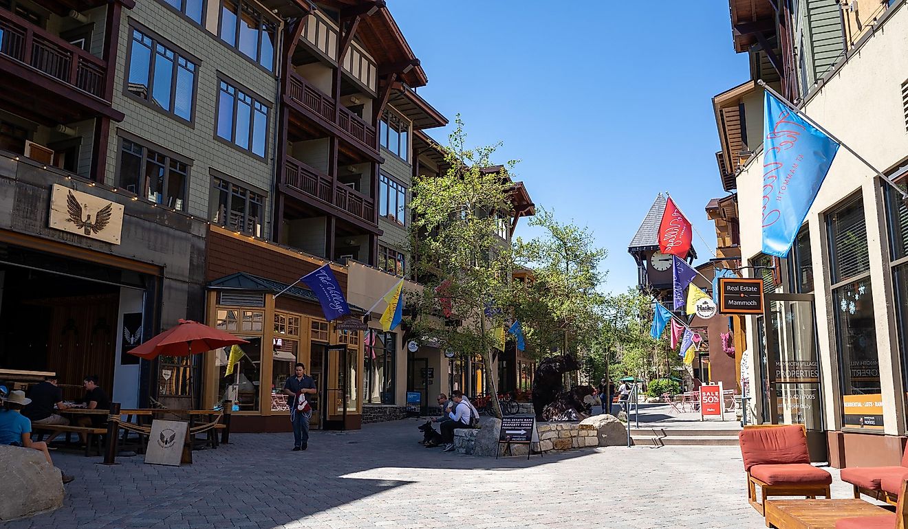 View of the Village at Mammoth Lakes, California, a pedestrian friendly shopping area with restaurants. Editorial credit: melissamn / Shutterstock.com