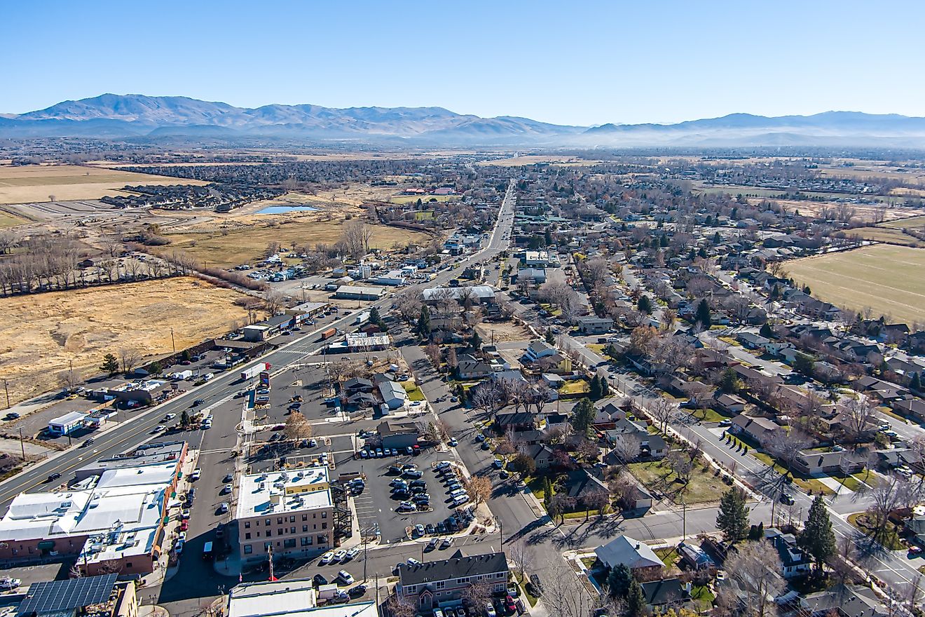 Aerial view of Minden and Gardnerville, Nevada, along Highway 395 in the Carson Valley. Editorial credit: Gchapel / Shutterstock.com