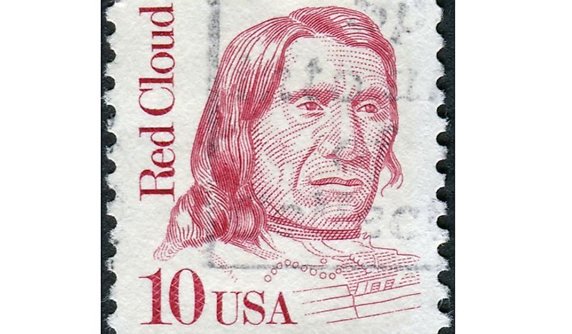 A postage stamp from 1987 honoring Red Cloud. Editorial credit: Sergey Kohl / Shutterstock.com.