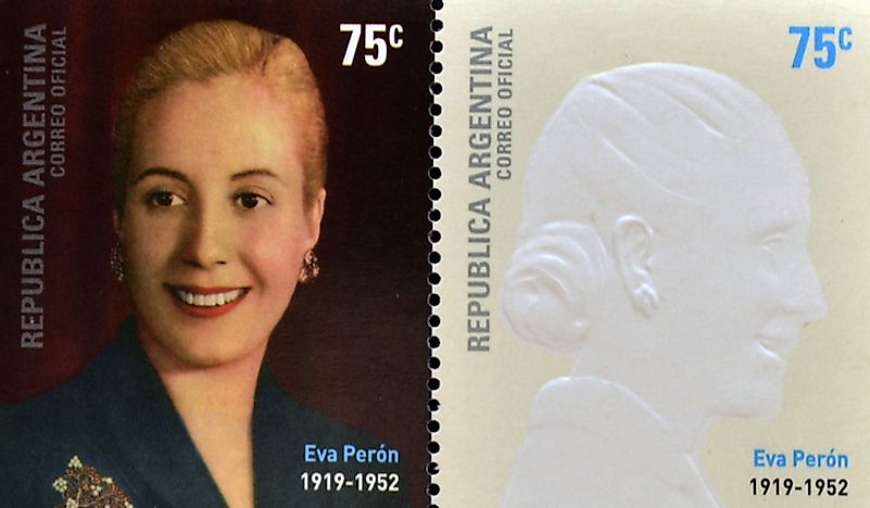 Stamps designed in honor of Eva Perón, circa 2002. Editorial credit: neftali / Shutterstock.com.