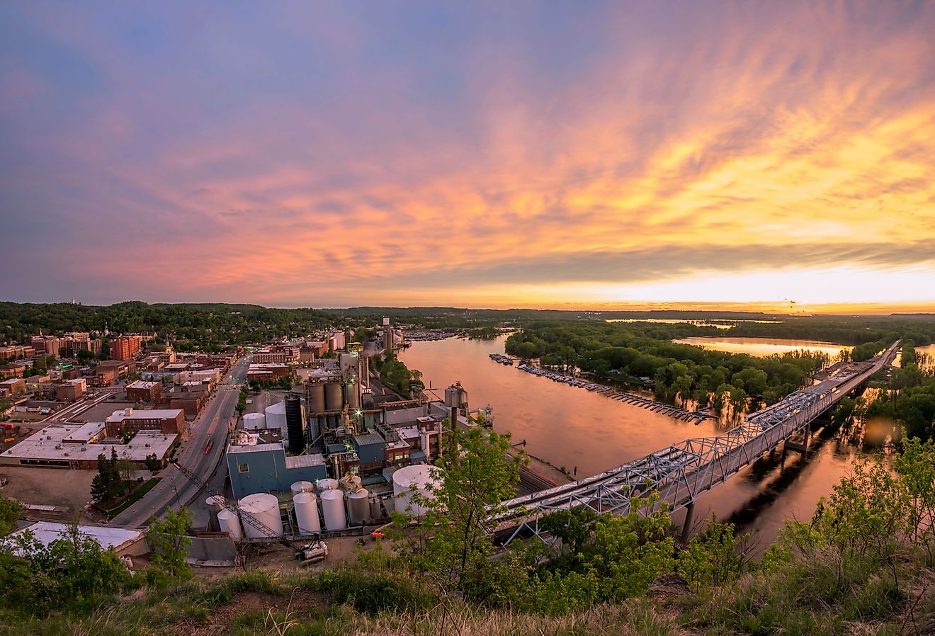 A fisheye view of a dramatic spring sunset over the Mississippi River and rural Red Wing, Minnesota.