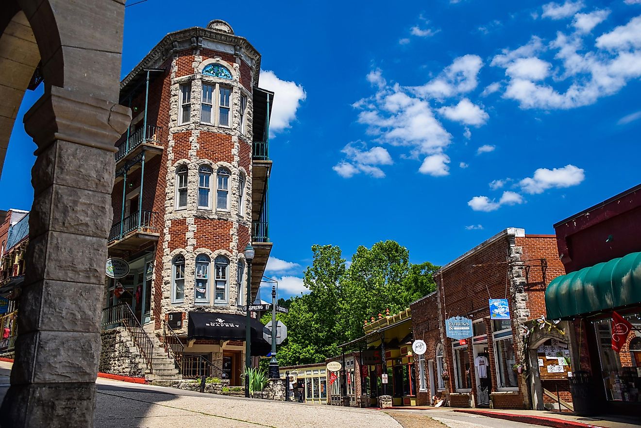 Historic downtown Eureka Springs, Arkansas, USA, with boutique shops and famous buildings. Editorial credit: Rachael Martin / Shutterstock.com