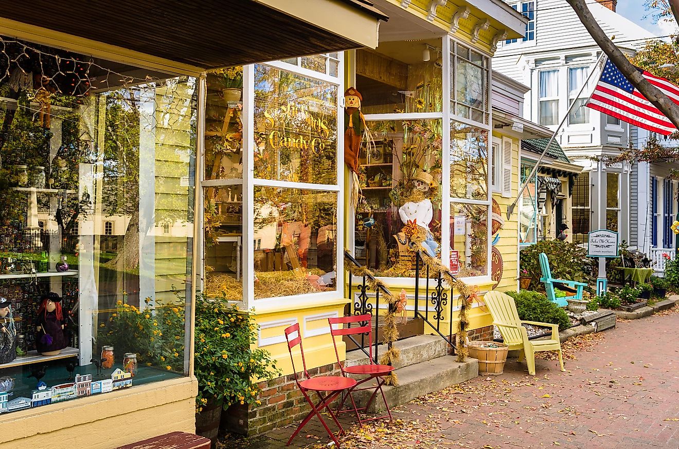 St. Michaels, Maryland: Traditional Store Decorated for Halloween on Talbot Street. St. Michaels is a picturesque harbor on Maryland's Eastern Shore. Editorial credit: Albert Pego / Shutterstock.com