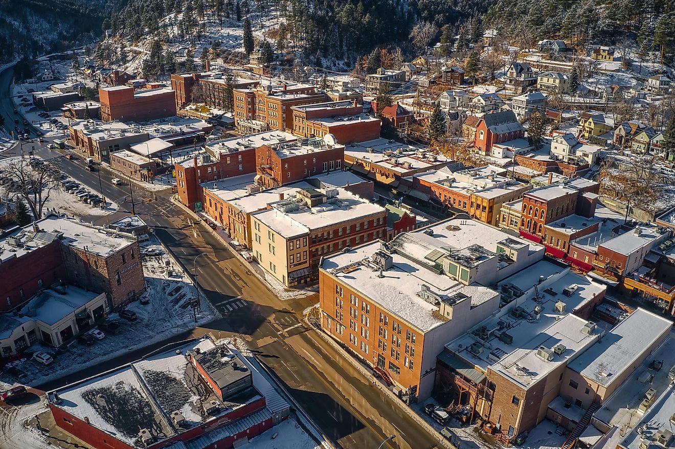 Aerial view of historic buildings in the town of Deadwood, South Dakota.