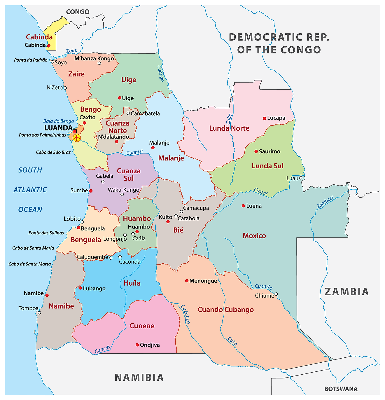 Political map of Angola displaying its 18 provinces and their capital city. 