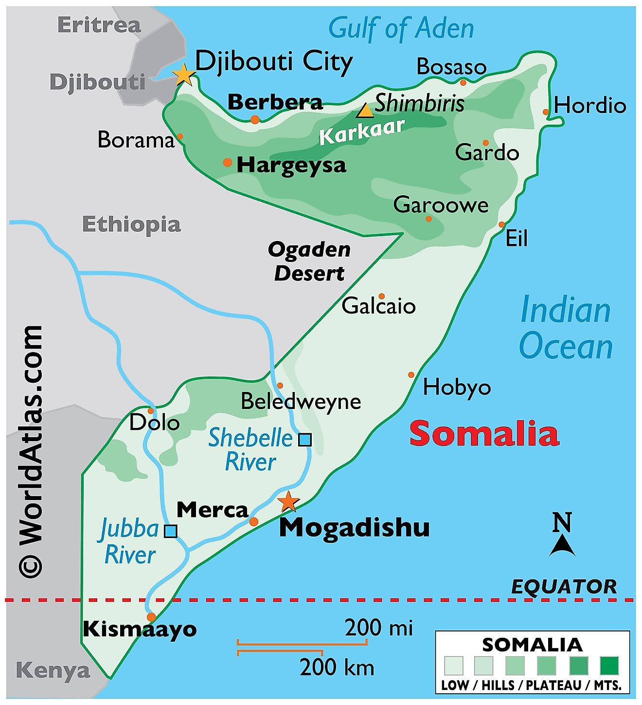 Phyiscal Map of Somalia with state boundaries. It shows the physical features of Somalia including terrain, mountain ranges, rivers, and major cities.